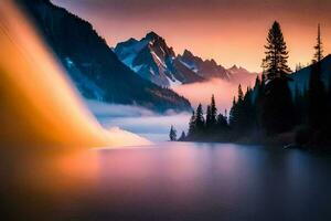 uma cascata dentro a montanhas às pôr do sol. gerado por IA foto