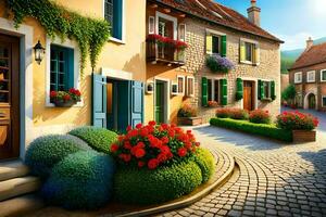 a artístico pintura do uma rua com flores e plantas. gerado por IA foto