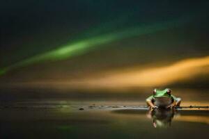 uma rã sentado em a terra com uma verde luz atrás isto. gerado por IA foto