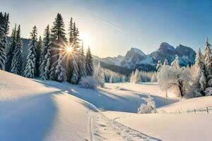 neve coberto montanhas e árvores dentro a Sol. gerado por IA foto