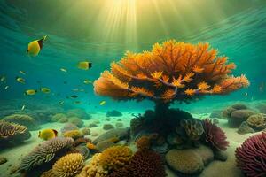 a embaixo da agua cena com coral e peixe. gerado por IA foto