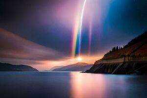 uma arco Iris é visto sobre a água dentro frente do uma montanha. gerado por IA foto