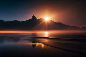 a Sol sobe sobre uma montanha alcance e a oceano. gerado por IA foto