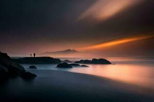 uma casal em pé em pedras às a oceano. gerado por IA foto