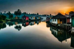 uma rio com casas em isto às nascer do sol. gerado por IA foto