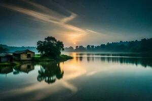 uma lago com uma casa e uma barco dentro a meio. gerado por IA foto