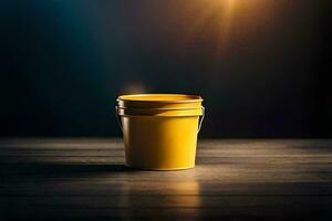 uma amarelo balde em uma de madeira mesa. gerado por IA foto