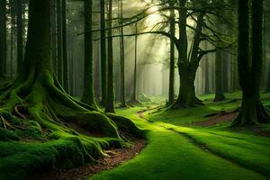 uma caminho através uma verde floresta com árvores e musgo. gerado por IA foto