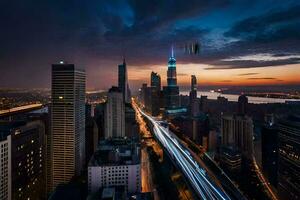 uma cidade Horizonte às crepúsculo com uma grandes exposição. gerado por IA foto