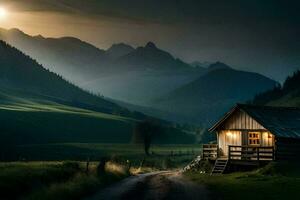 uma pequeno cabine dentro a montanhas às noite. gerado por IA foto