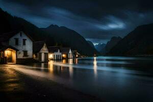 uma lago e casas às noite dentro a montanhas. gerado por IA foto