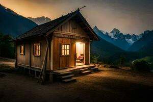 uma pequeno cabine dentro a montanhas às noite. gerado por IA foto