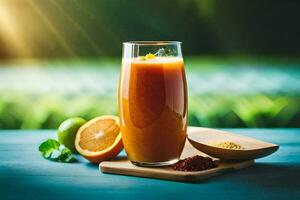 uma vidro do laranja suco com uma fatia do laranja e especiarias. gerado por IA foto