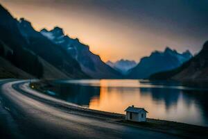 uma pequeno casa senta em a lado do uma estrada perto uma lago. gerado por IA foto