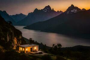 uma cabine senta em a Beira do uma penhasco negligenciar uma lago e montanhas. gerado por IA foto