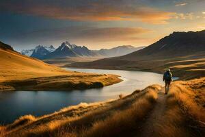 uma homem anda em ao longo uma caminho dentro a montanhas às pôr do sol. gerado por IA foto