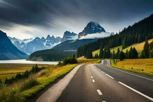 uma cênico estrada dentro a montanhas. gerado por IA foto