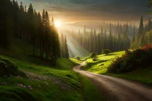 uma estrada dentro a floresta com Sol raios brilhando abaixo. gerado por IA foto