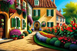 uma pintura do uma colorida rua com flores gerado por IA foto