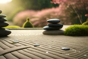 uma zen jardim com pedras e flores gerado por IA foto
