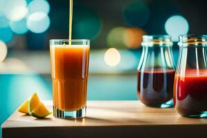 dois óculos do suco com laranja fatias em uma mesa. gerado por IA foto