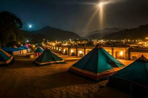 tendas estão conjunto acima dentro a deserto às noite. gerado por IA foto