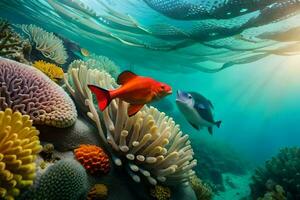 uma peixe e coral recife dentro a oceano. gerado por IA foto