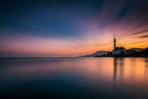 uma Igreja torre dentro a meio do a oceano às pôr do sol. gerado por IA foto