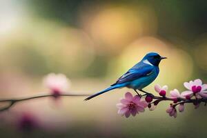 uma azul pássaro senta em uma ramo com Rosa flores gerado por IA foto