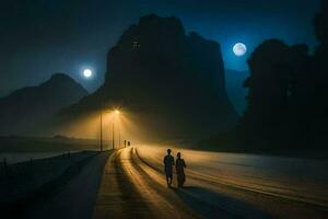 dois pessoas caminhando baixa uma estrada às noite com uma cheio lua. gerado por IA foto