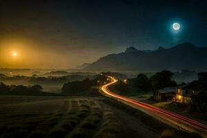 uma estrada dentro a campo às noite com uma cheio lua. gerado por IA foto