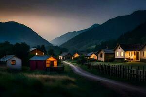 foto papel de parede a céu, montanhas, estrada, casas, a escuro, a noite, a montanhas. gerado por IA