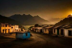 uma Vila às pôr do sol com montanhas dentro a fundo. gerado por IA foto