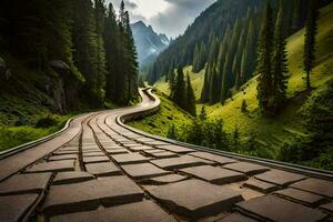 uma estrada dentro a montanhas com árvores e grama. gerado por IA foto