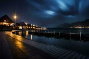 uma grandes cais com casas e uma lago às noite. gerado por IA foto