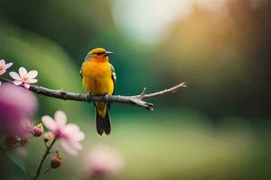 uma amarelo pássaro senta em uma ramo com Rosa flores gerado por IA foto