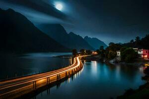 uma grandes exposição fotografia do uma estrada e uma lago às noite. gerado por IA foto