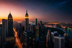 a cidade Horizonte às pôr do sol dentro Novo Iorque. gerado por IA foto