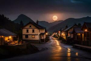 foto papel de parede a céu, noite, montanhas, Vila, lua, a céu, a lua,. gerado por IA