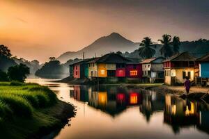 uma rio dentro a meio do uma Vila às pôr do sol. gerado por IA foto