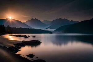a Sol sobe sobre uma lago e montanhas. gerado por IA foto