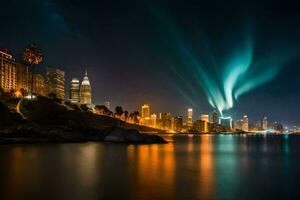 a aurora luzes estão brilhando sobre a cidade Horizonte. gerado por IA foto