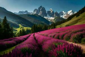 a lavanda Campos dentro a montanhas. gerado por IA foto