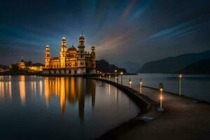 a lindo mesquita dentro a noite. gerado por IA foto