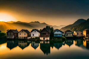 casas em a água às pôr do sol dentro a montanhas. gerado por IA foto