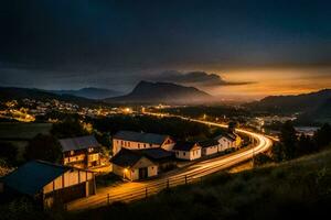 uma Cidade às noite com uma montanha alcance dentro a fundo. gerado por IA foto