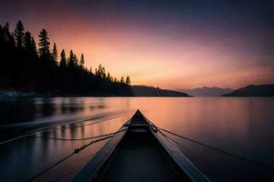 uma canoa é em a água às pôr do sol. gerado por IA foto