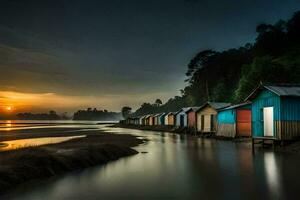 uma linha do colorida cabanas em a costa do uma rio. gerado por IA foto