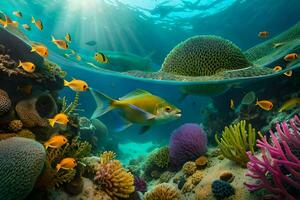 a embaixo da agua cena com colorida peixe e coral. gerado por IA foto