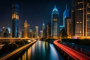 a Chicago Horizonte às noite com luzes em a edifícios. gerado por IA foto